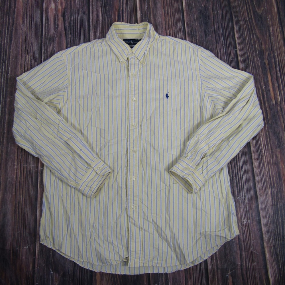 Ralph Lauren Shirt Mens XL Yellow‎ Blue Striped Custom Fit Long Sleeve Button Up